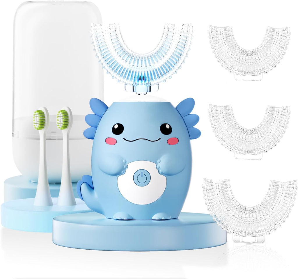 Kids Electric U Shaped Toothbrush - Axolotl Kids Cartoon Sonic Automatic Toothbrush with 6 Brush Heads Full Mouth 6 Cleaning Modes - Age2-15 Blue